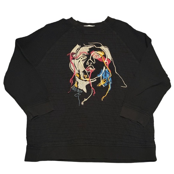 Zara Basic Denim Women Small Abstract Face Embroidered Art To Wear Black Sweater - Picture 2 of 7